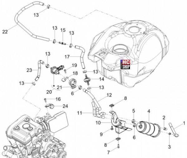 Aprilia Tuono 125 E5 Tank - Benzindampfrückführung