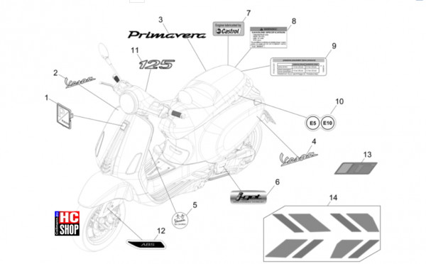 Vespa Primavera 125 TECH E5 - Fahrgestell-Karosserie - Plaketten-Verzierungen