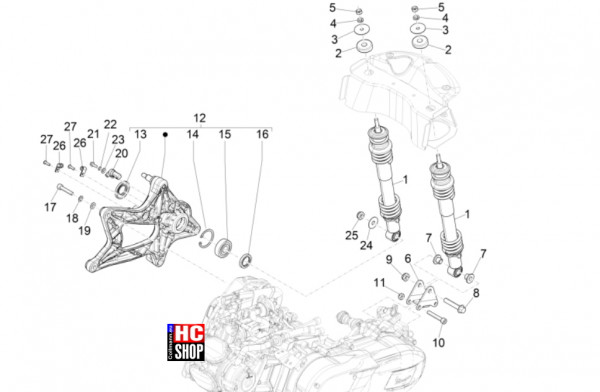 Vespa GTS 125 E5 Super-Super Sport-Super Tech - Radaufhängungen - Hintere Radaufhängung-Stoßdämpfer