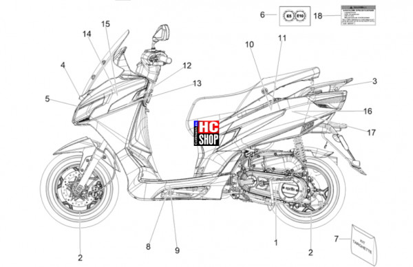 Aprilia SXR 50 E5+ - Fahrgestell-Karosserie - Plaketten-Verzierungen