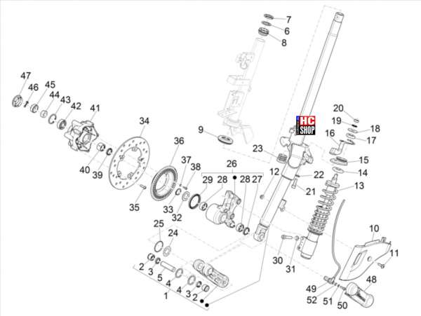 Vespa Primavera 125 E5 Radaufhängung Gabel - Lenkerleitung - Steuersatz
