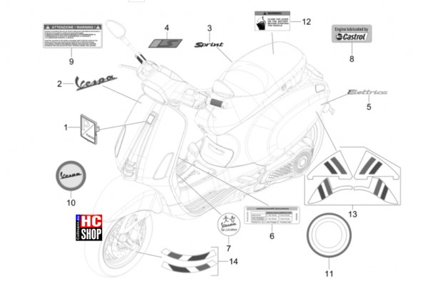 Vespa Sprint Elettrica 45 KM/H - Fahrgestell-Plastformteil-Karosserien - Plaketten-Verzierungen