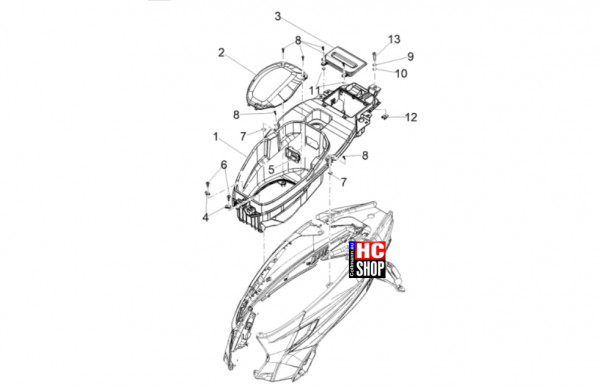 Aprilia SXR 50 E5+ - Fahrgestell-Karosserie - Schutzhelmgehäuse-Untersitz